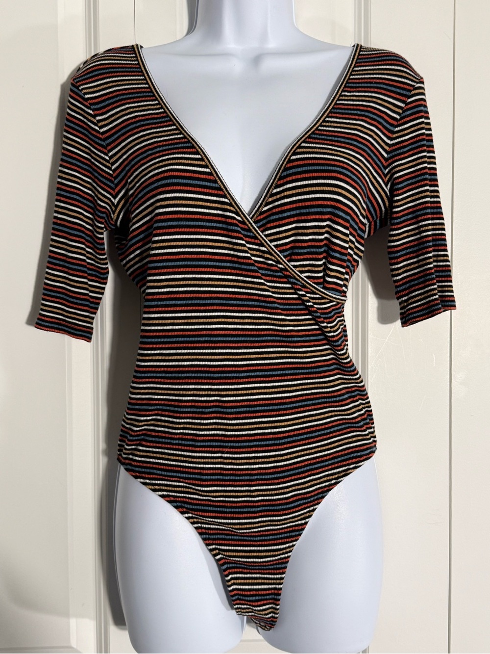 Volcom Striped Surplice Bodysuit - Black, Red, White, Tan